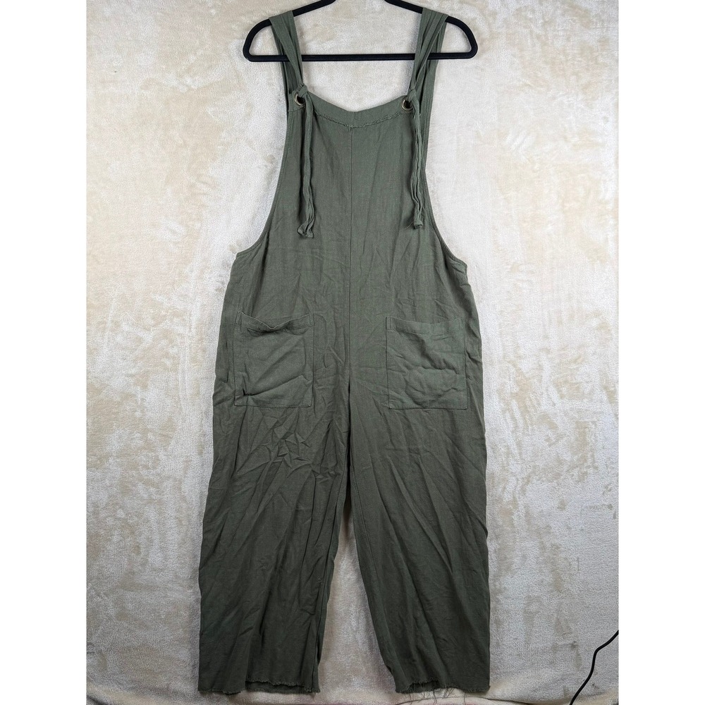 Natural Life L Olive Green Linen Blend Wide Leg Jumpsuit Overalls Tie Strap Boho